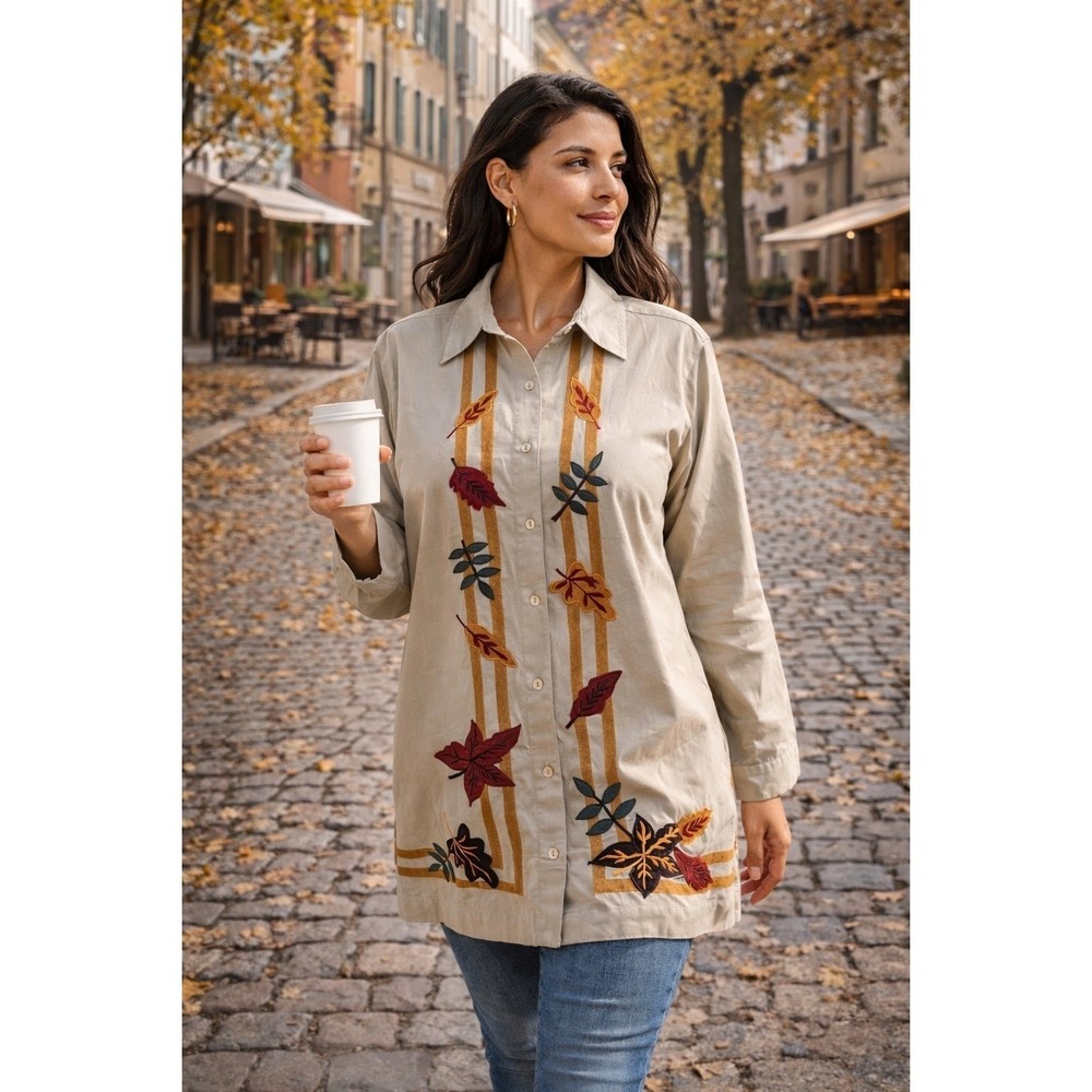 Bechamel Woman Embroidered Button Shirt‎ 2X Boho Leaves Tunic